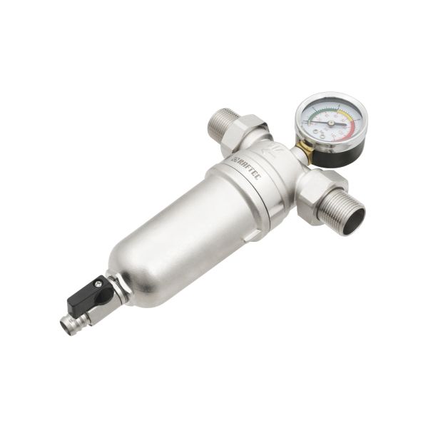 Самопромивний фільтр, 3/4", для гар. води, з маном., латунь, нікель, RAFTEC {10} RMHF02