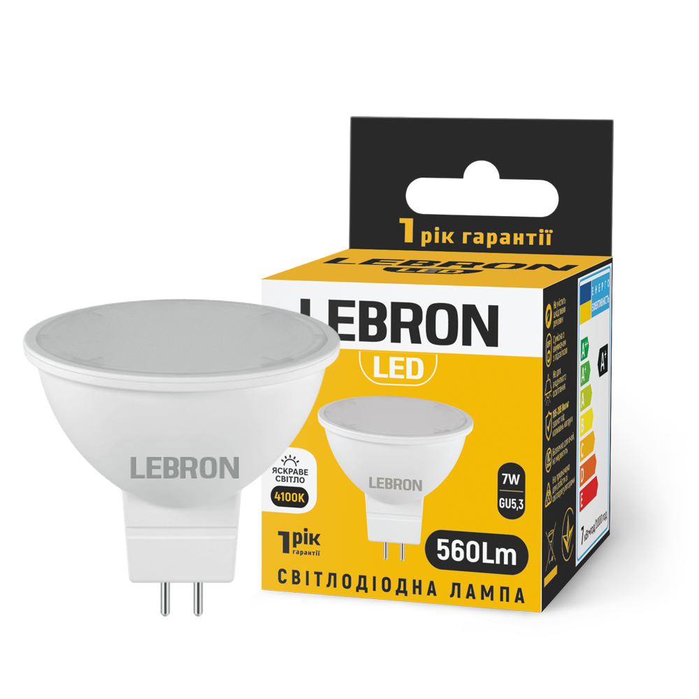 LED лампа LEBRON L-MR16, 7W, Е27, 220V, GU5,3, 4100K, 560Lm