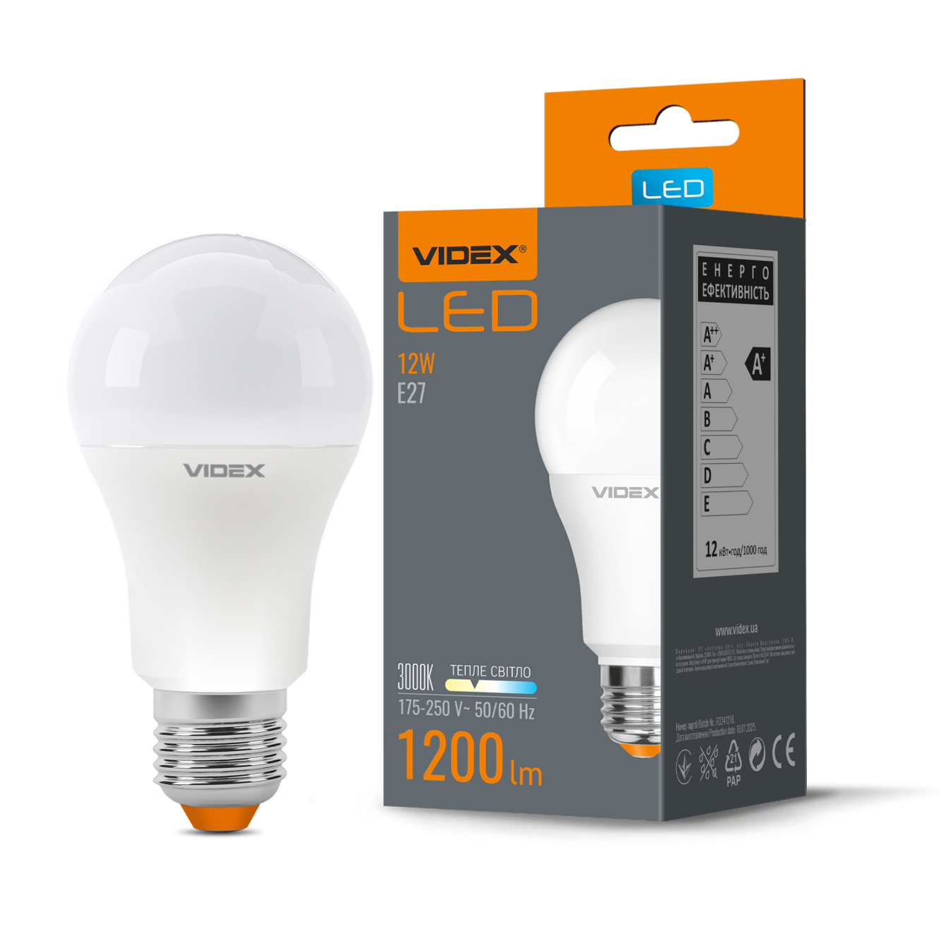LED лампа VIDEX  A60e 12W E27 3000K 220V 20шт/ящ - мініатюра 2