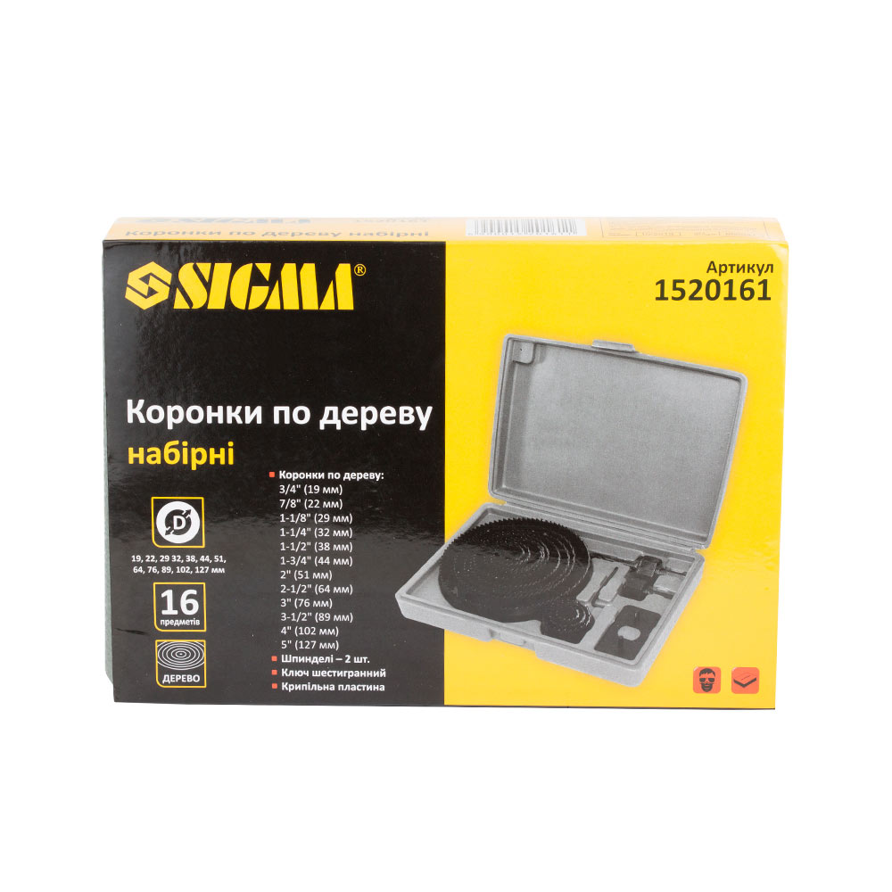 Коронки по дереву набірні Ø19, 22, 29, 32, 38, 44, 51, 64, 76, 89, 102, 127 мм SIGMA (1520161) - мініатюра 8
