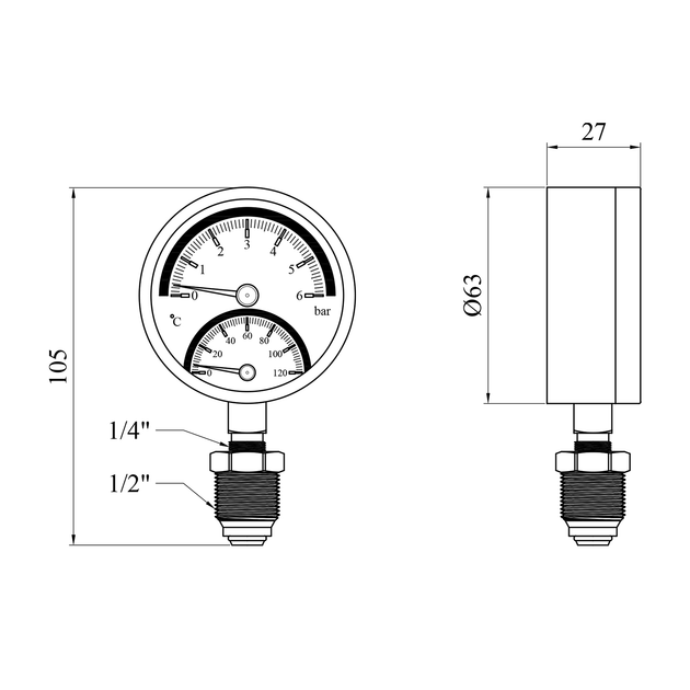 Термоманометр KARRO 1/2" x 1/4" 63 мм, вертикальний KR1086A - мініатюра 3