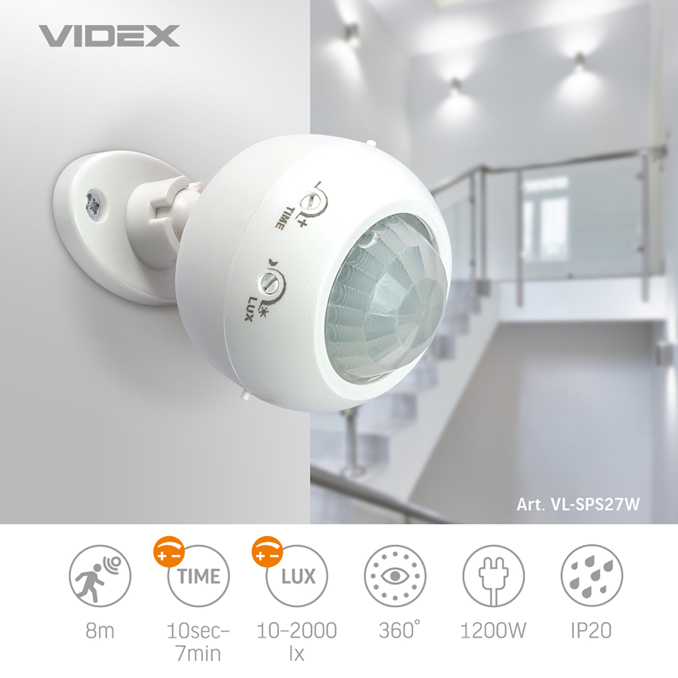 Датчик руху та освітлення VIDEX VL-SPS27W  220V 1200W IР 20 (50шт/ящ) інфрачервоний - мініатюра 5