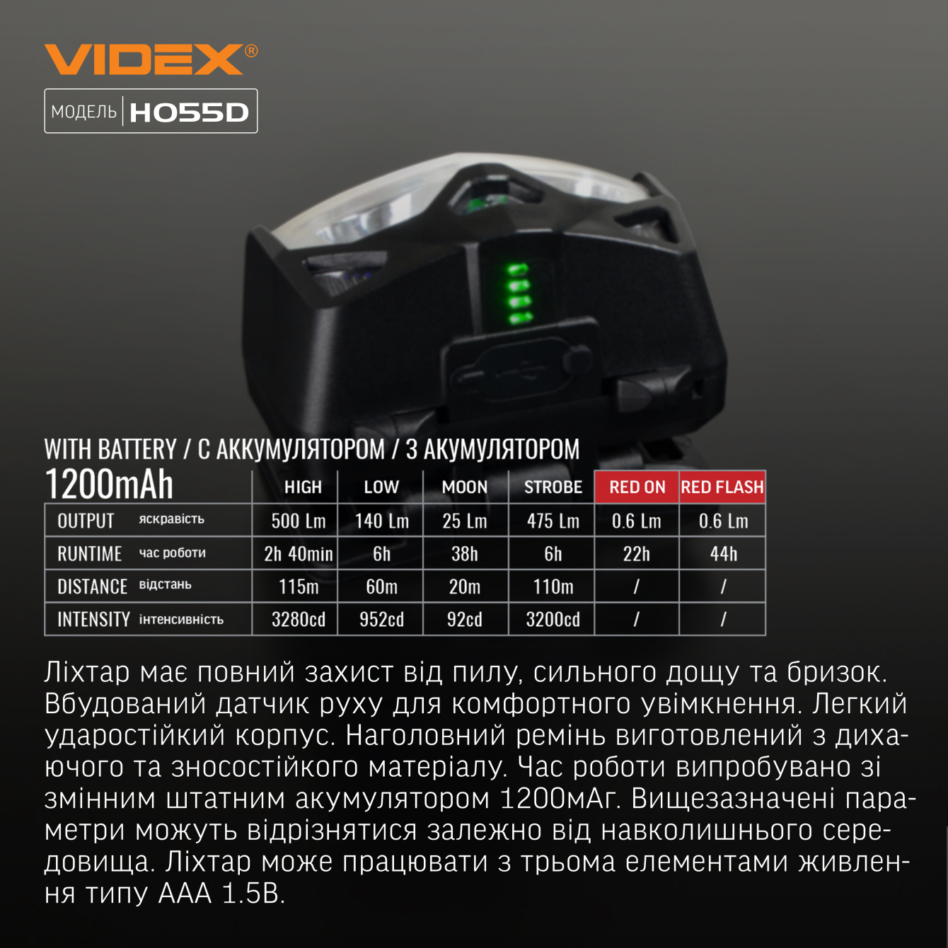 Налобний світлодіодний ліхтарик VIDEX VLF-H055D 500Lm 5000K - мініатюра 7