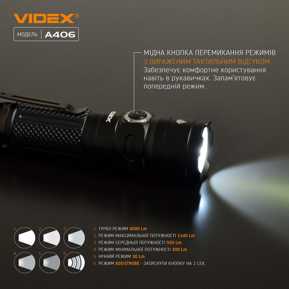 Портативний світлодіодний ліхтарик VIDEX VLF-A406 4000Lm 6500K - мініатюра 7
