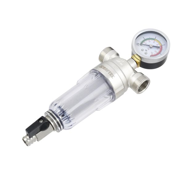 Самопромивний фільтр, 1/2", для хол. води,  з маном., латунь,, нікель, RAFTEC {10} RMCF01 - мініатюра 5