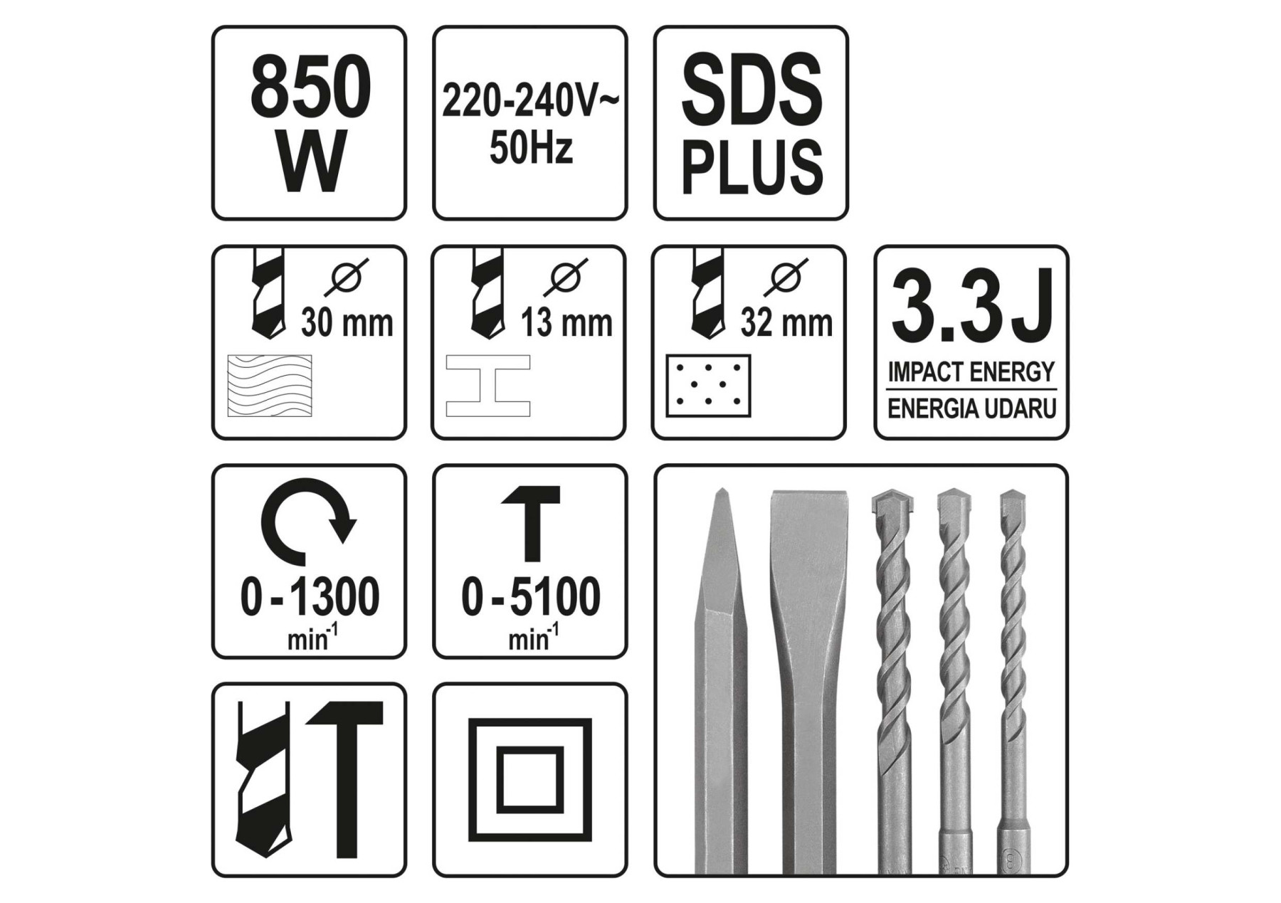 Перфоратор мережевий SDS+ YATO : з змінним патроном P= 850 Вт, J= 3,3 Дж. Ø≤ 30 мм в футлярі [3/42] - мініатюра 4