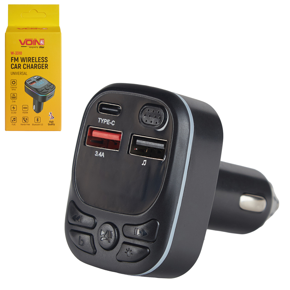 Модулятор FM, VOIN W-3310, 12-24V 2 USB 3.4A, PD 20W, BT5.0, Hands free, ambient light - мініатюра 3