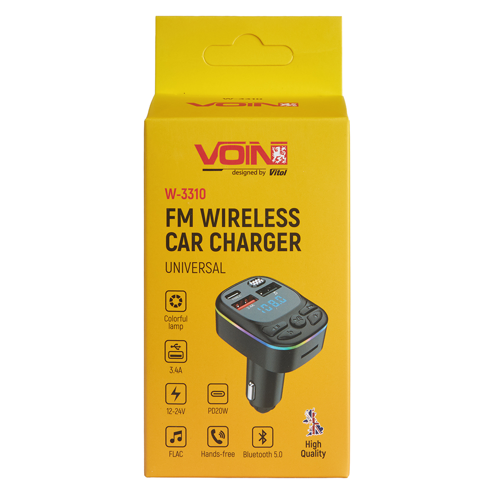 Модулятор FM, VOIN W-3310, 12-24V 2 USB 3.4A, PD 20W, BT5.0, Hands free, ambient light - мініатюра 5