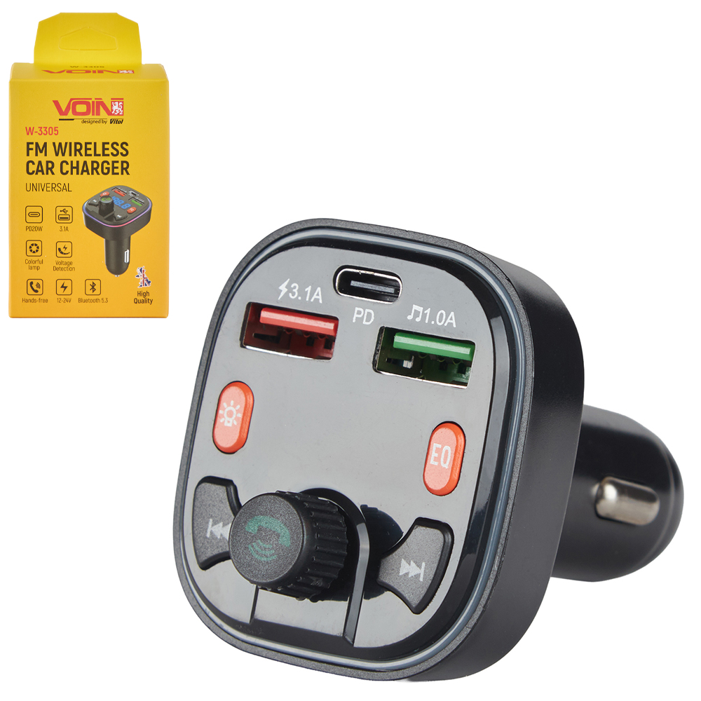 Модулятор FM, VOIN W-3305, 12-24V 2 USB 3.1A, 1 PD 20W, BT5.3, Hands free, вольтметр - мініатюра 4