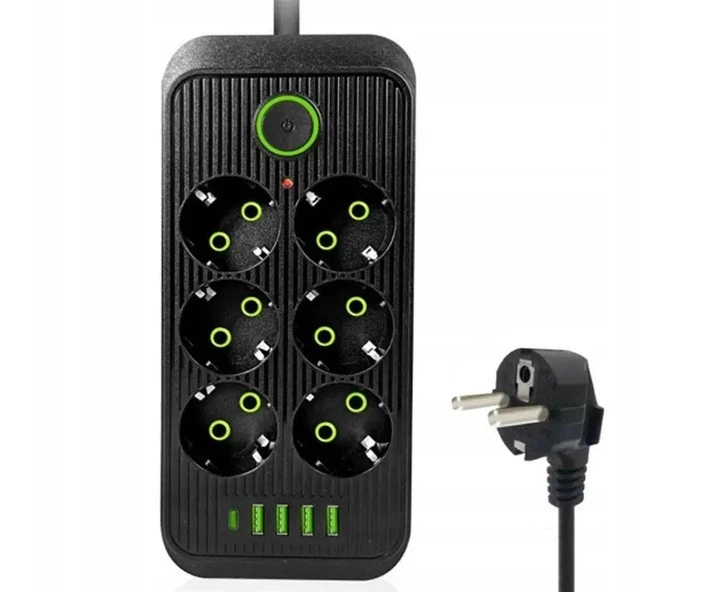 Мережевий фільтр 2 метри 6 розеток + 4 USB чорний + Type-C білий - мініатюра 2